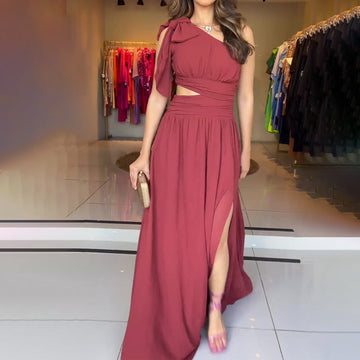 Summer Slanted Shoulder Sexy Dress High Waist-Rise Open Fork Dress